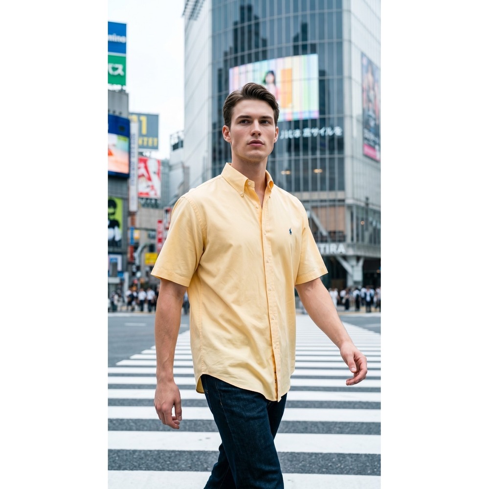 Polo Ralph Lauren Blue Label Blake Yellow Short Sleeve Shirt Button Down Large